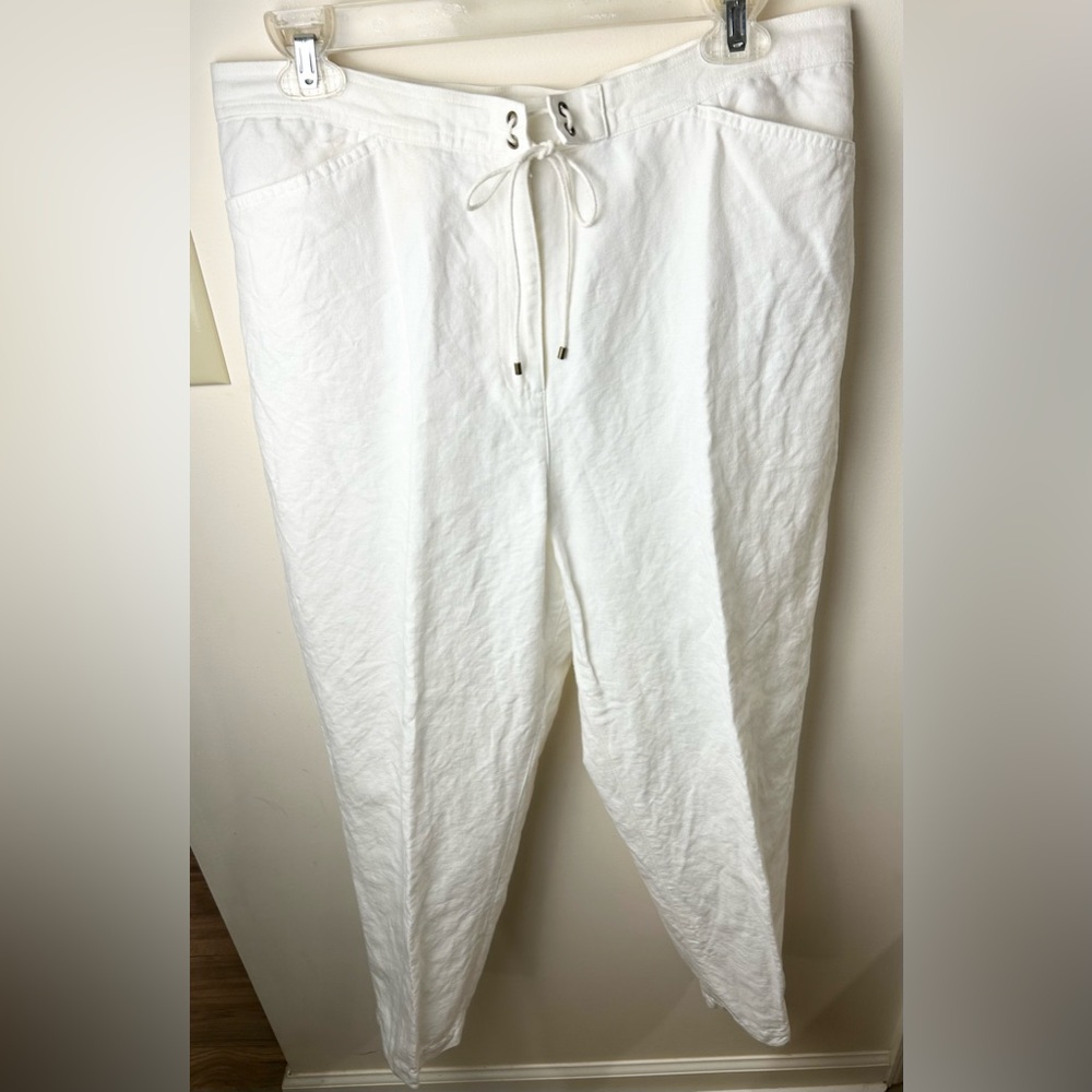 VTG Talbots Pleated Pants Women’s 14 Ivory Linen Blend Tie Waist 90s BOHO Office